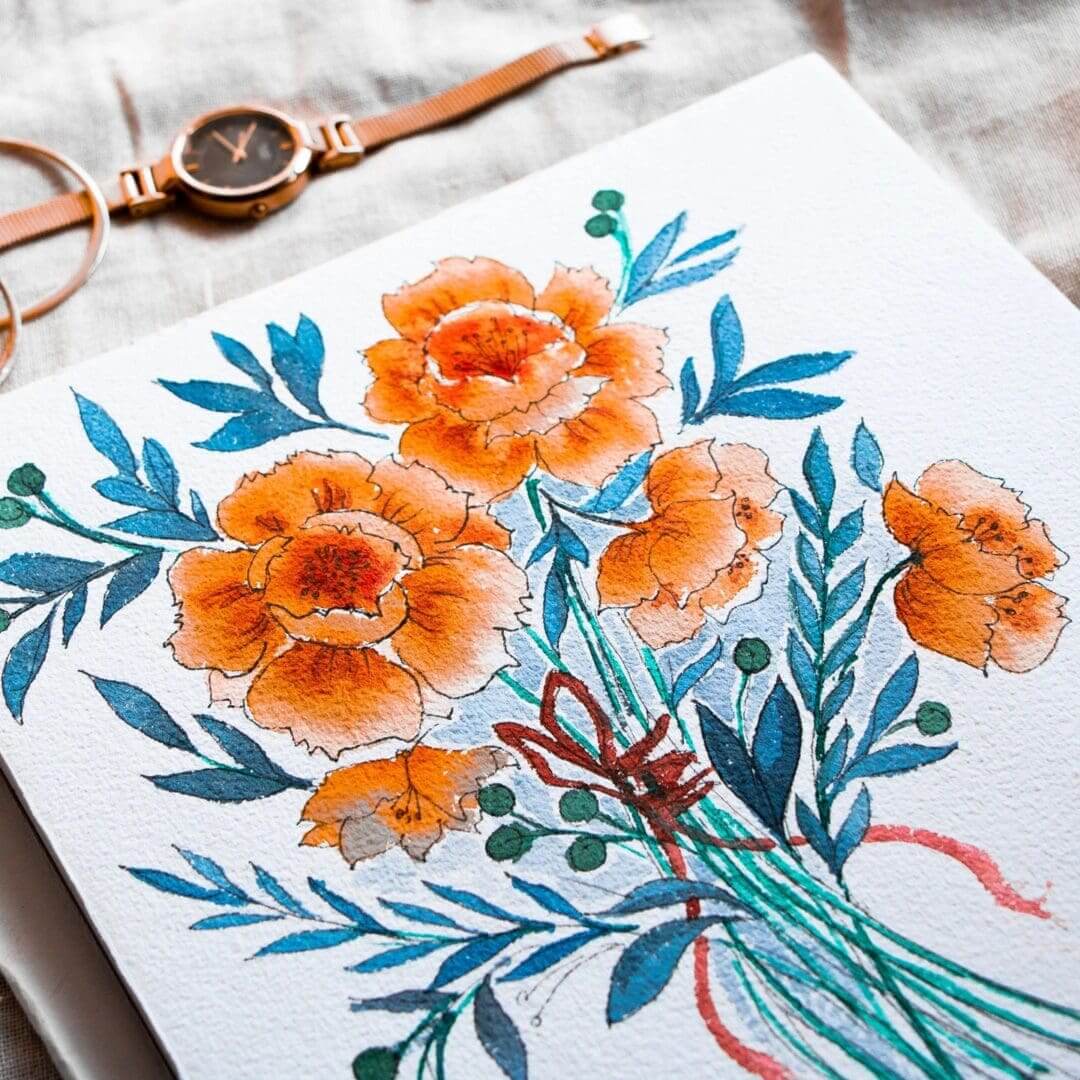 Floral painting with watch and glasses nearby.