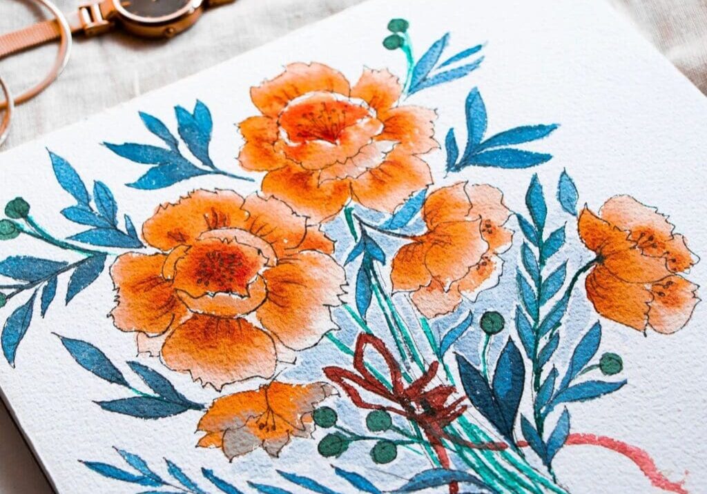 Floral painting with watch and glasses nearby.
